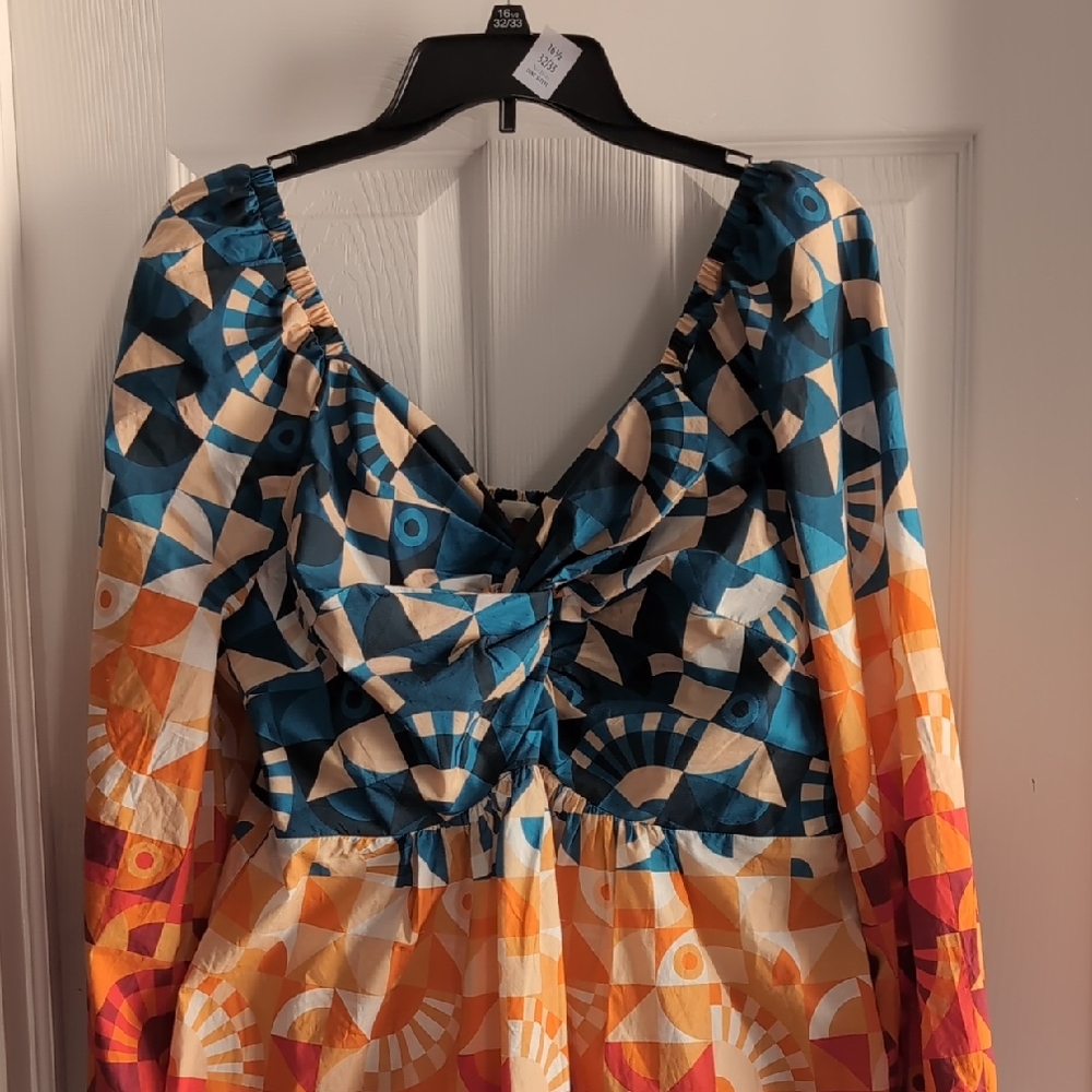 Anthropologie Blue and Orange Geometric Long Sleeve Dress